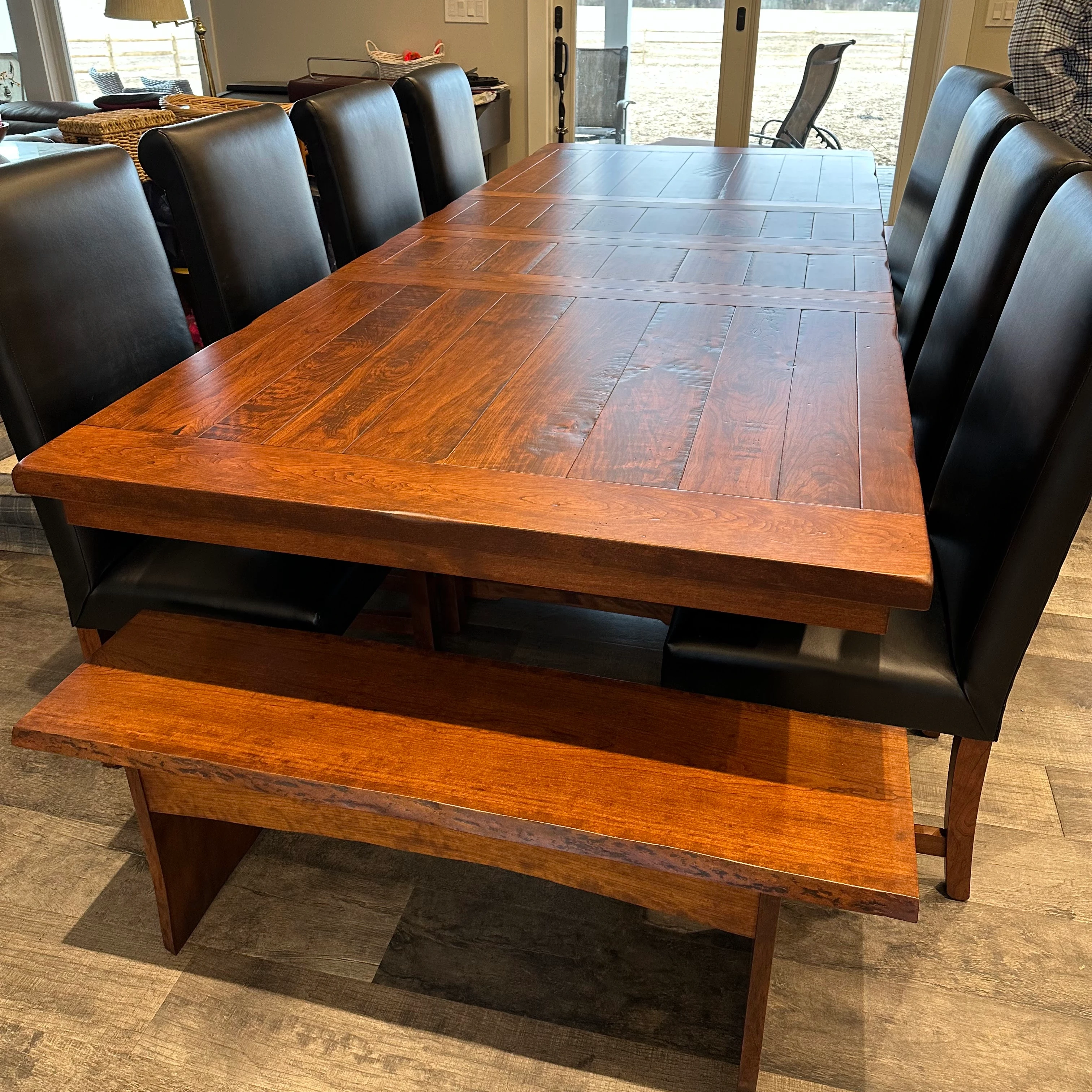 Holbrooke Dining Table, Parsons Chairs, Rustic Cherry Bench