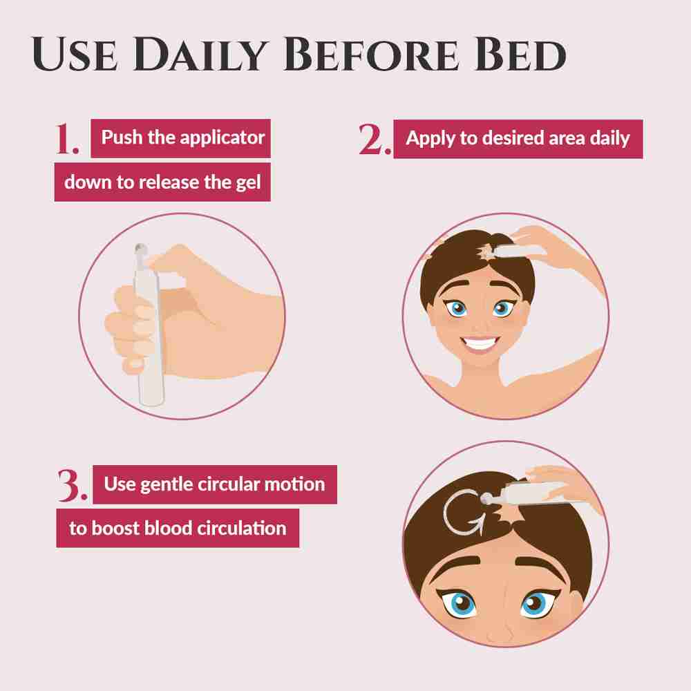 Use daily before bed. 1. Push the applicator down to release the gel. 2. Apply to the desired area daily. 3. Use gentle circular motion to boost blood circulation