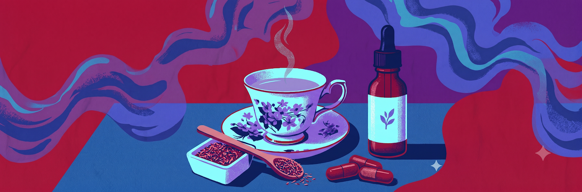The three forms of valerian for sleep, tea, tincture and capsules, arranged together.
