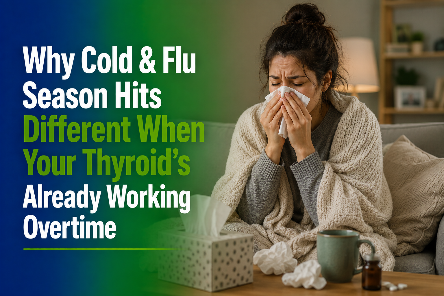 Infographic illustrating the impact of thyroid health on susceptibility to colds and flu during peak season.