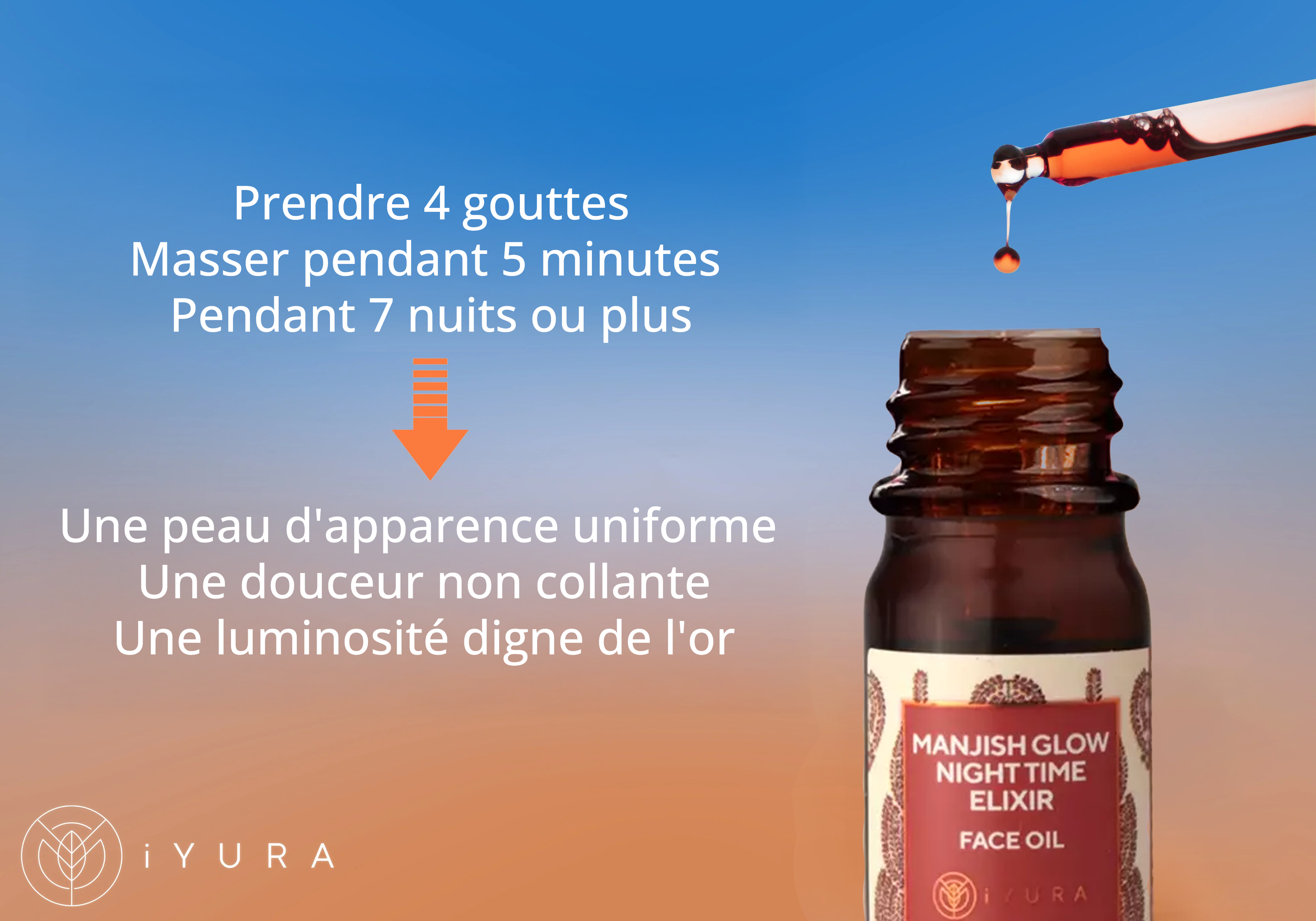 Fresh Drops of iYURA Manjish Glow Elixir with text: Take 4 drops, Massage for 5 minutes, For 7 nights to get Even-toned, spotless looking skin. Non-sticky softness & Gold-like luminosity.