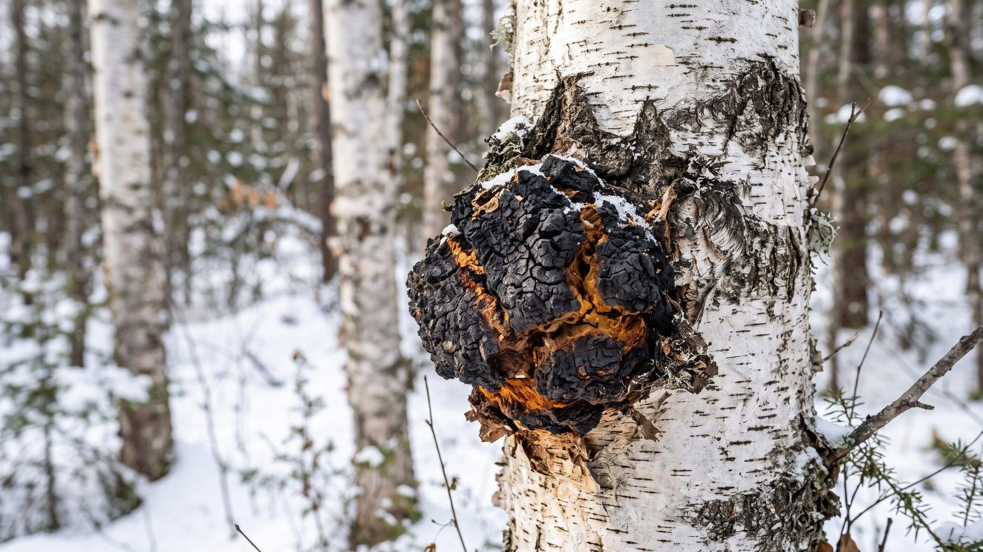 Wild chaga mushroom growing on a birch tree in a snowy northern forest