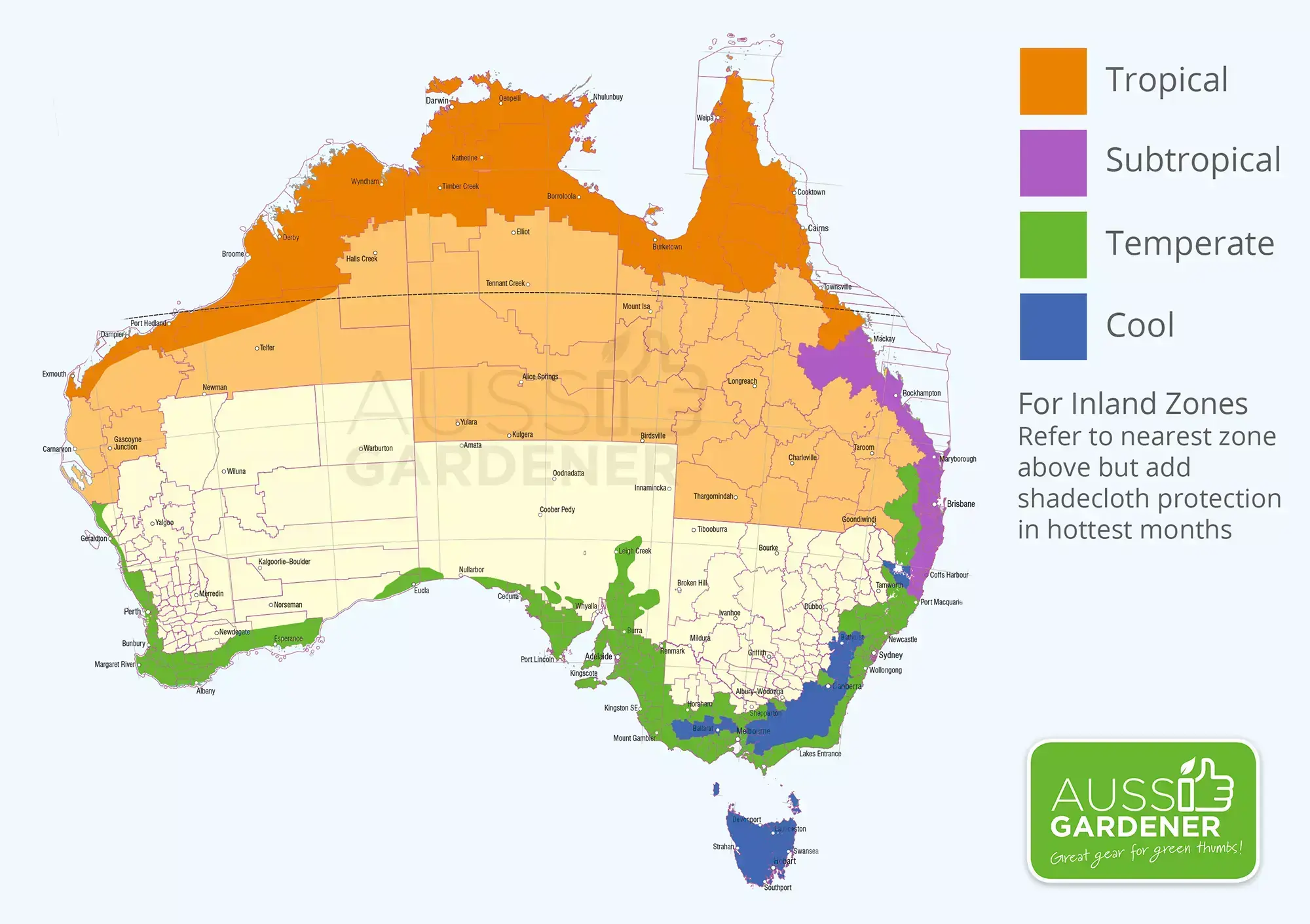 Australia climate zones map showing tropical, subtropical, temperate and cool regions.