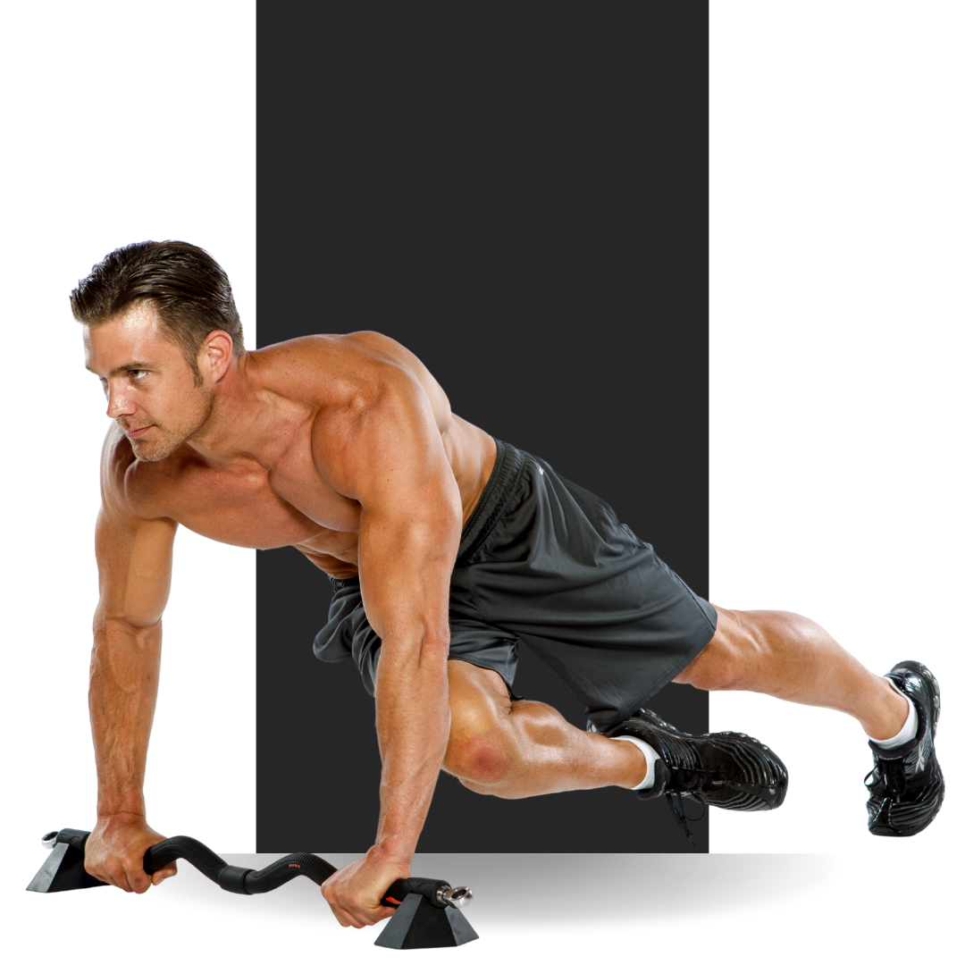 Man doing mountain climbers and ab work with xbar fitness bar and docks