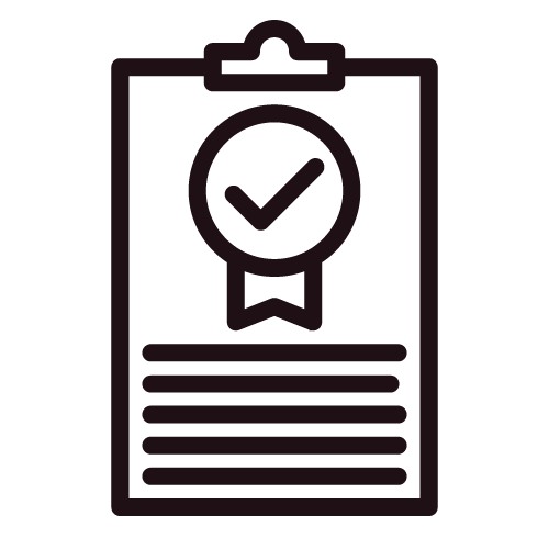Clipboard with a checkmark badge, representing verified and standardized information.