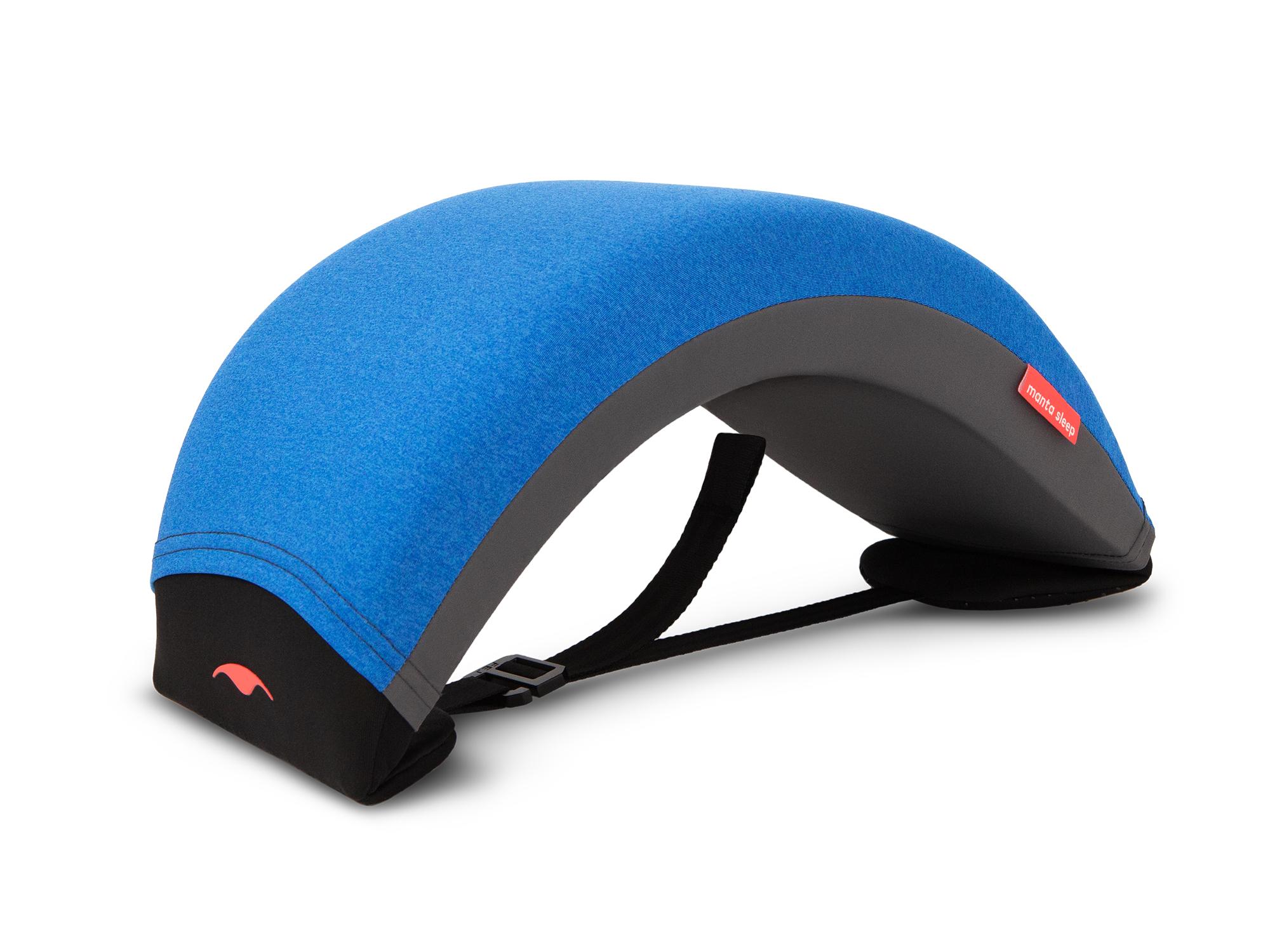 A blue nap pillow with a strap.