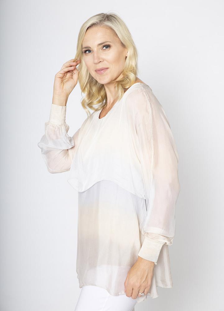 Layered Silk Print Top Beige