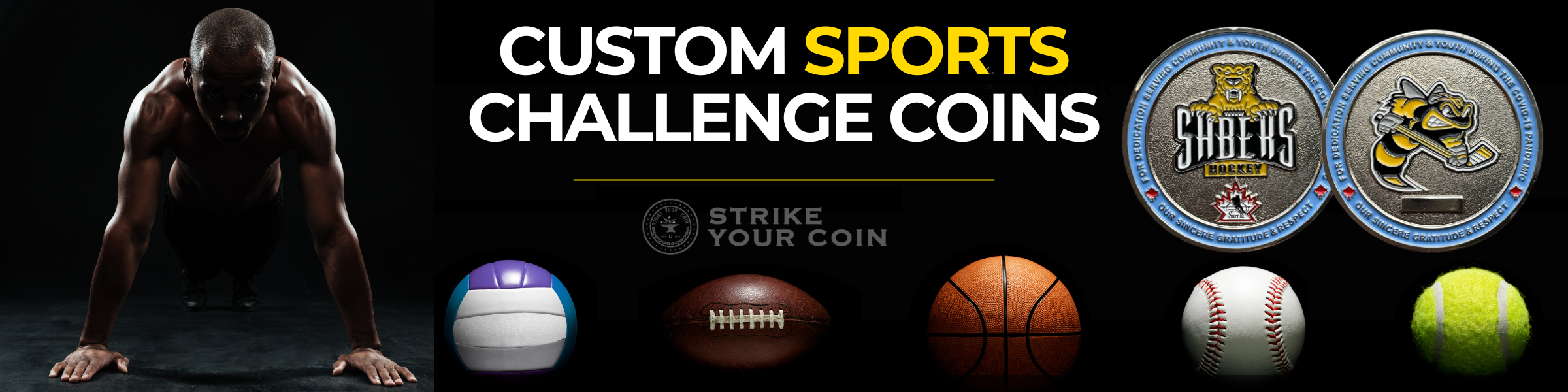 banner with an athlete custom coins and balls from various sports