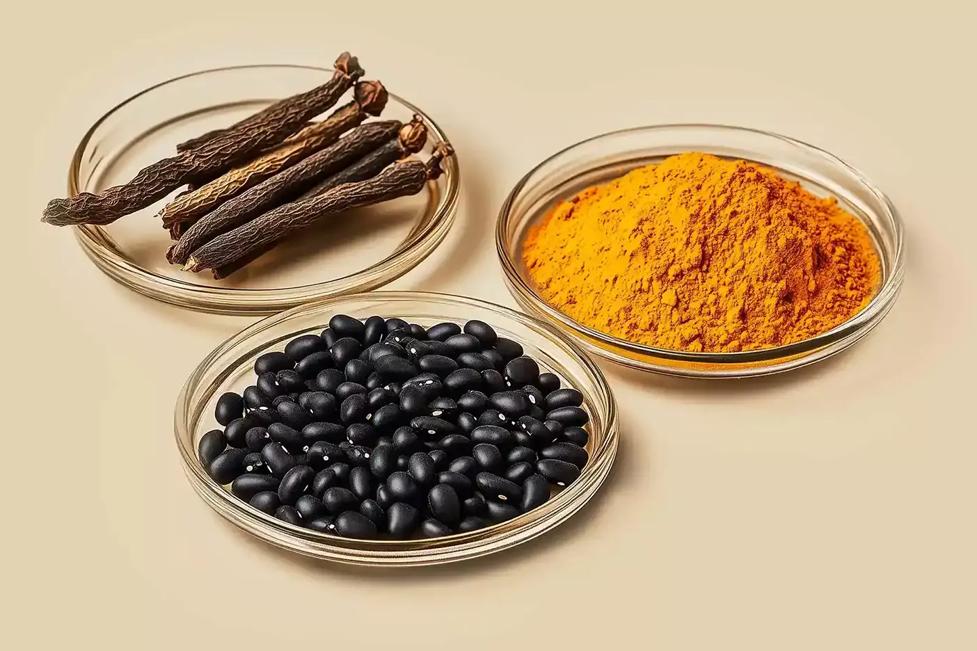 2. chemical trays with manjistha, turmeric powder, and black gram.