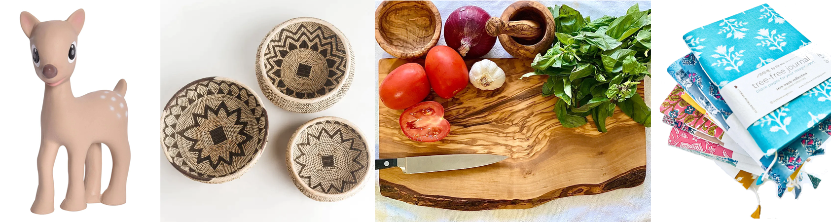 a series of photos including a reindeer teether, hand woven bowls, olivewood cutting board, upcycled tree free journal
