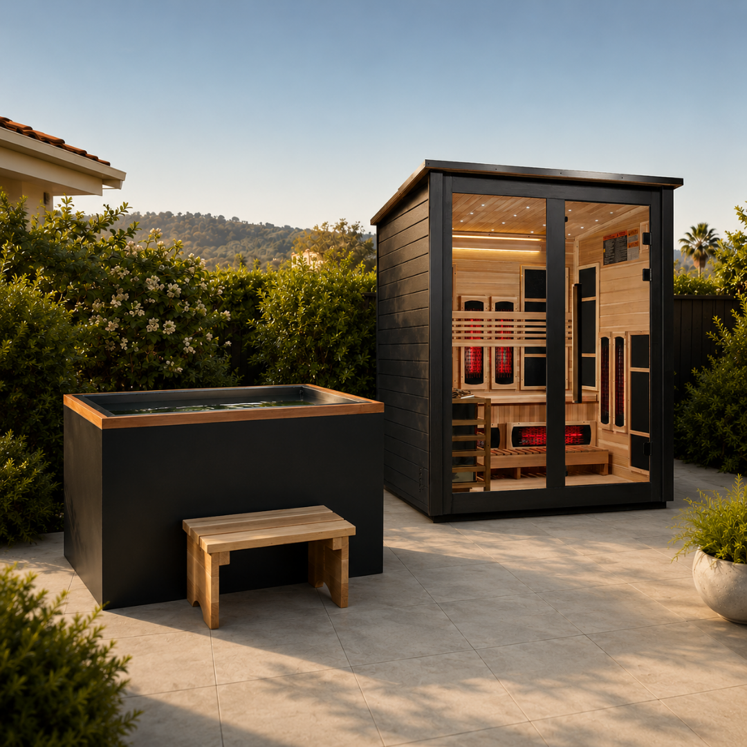 A cabin sauna and a cold plunge in black color.