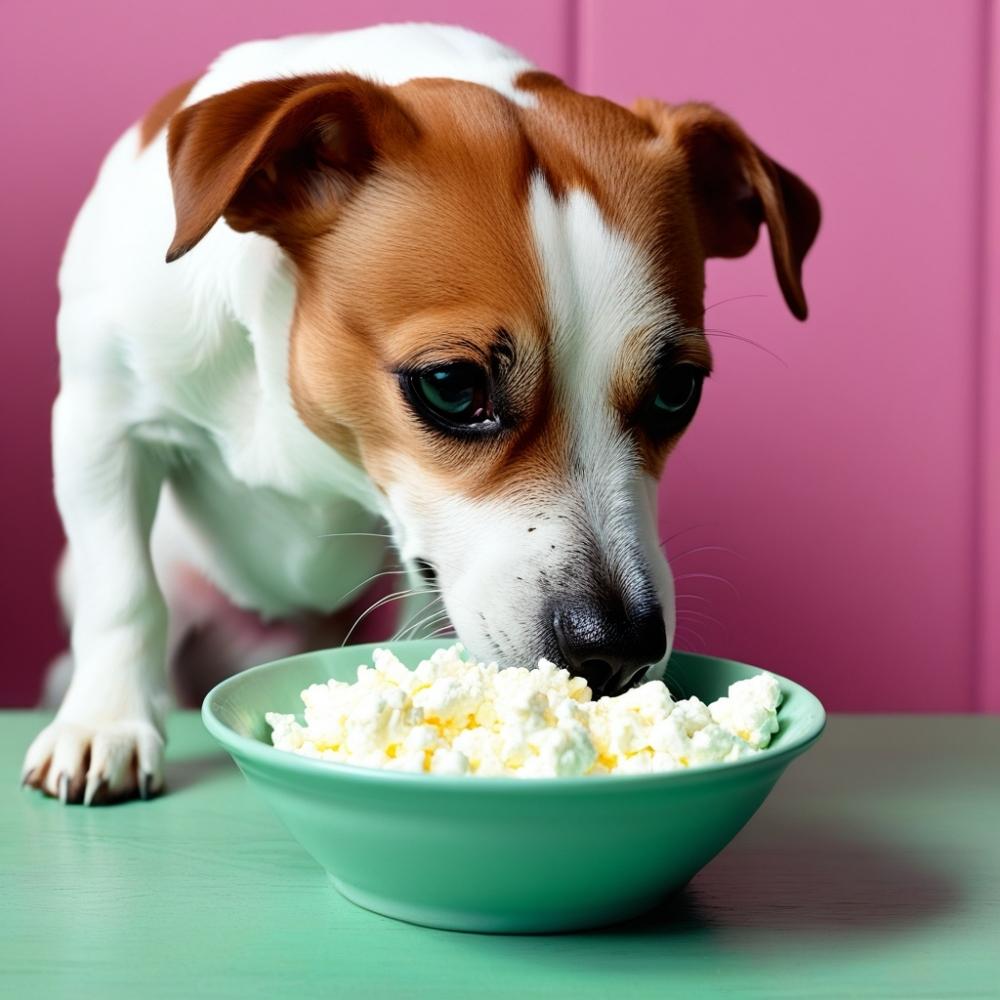 A dog wanting to eat cottage cheese in a bowl.