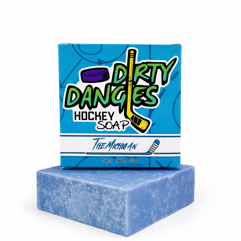 A blue Dirty Dangles hockey soap bar the Michigan scent best seller on a white background