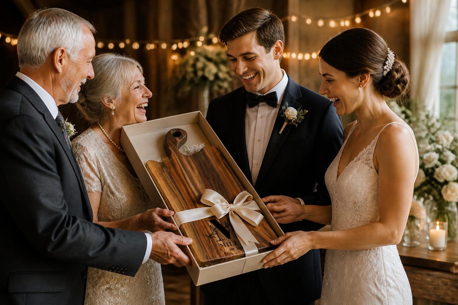 Wedding couple receiving a personalized live edge walnut charcuterie board