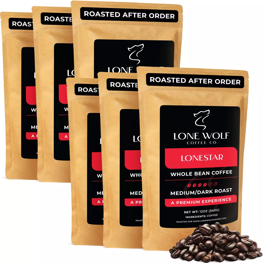 Six 12oz bags of Lone Wolf Coffee’s Lonestar Medium-Dark Roast Whole Bean coffee bag product photo