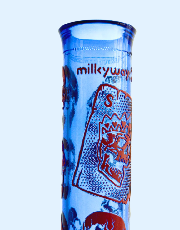 close-up product image of SKULLIANCE sapphire mouthpiece, the Prism and Milkyway Glass collab bong