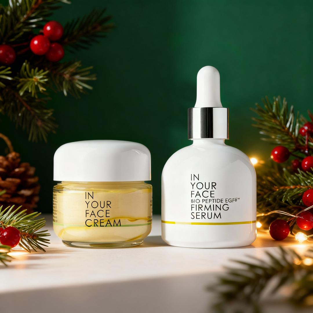 BIO PEPTIDE EGF6 FIRMING SERUM on mantel with holiday decor
