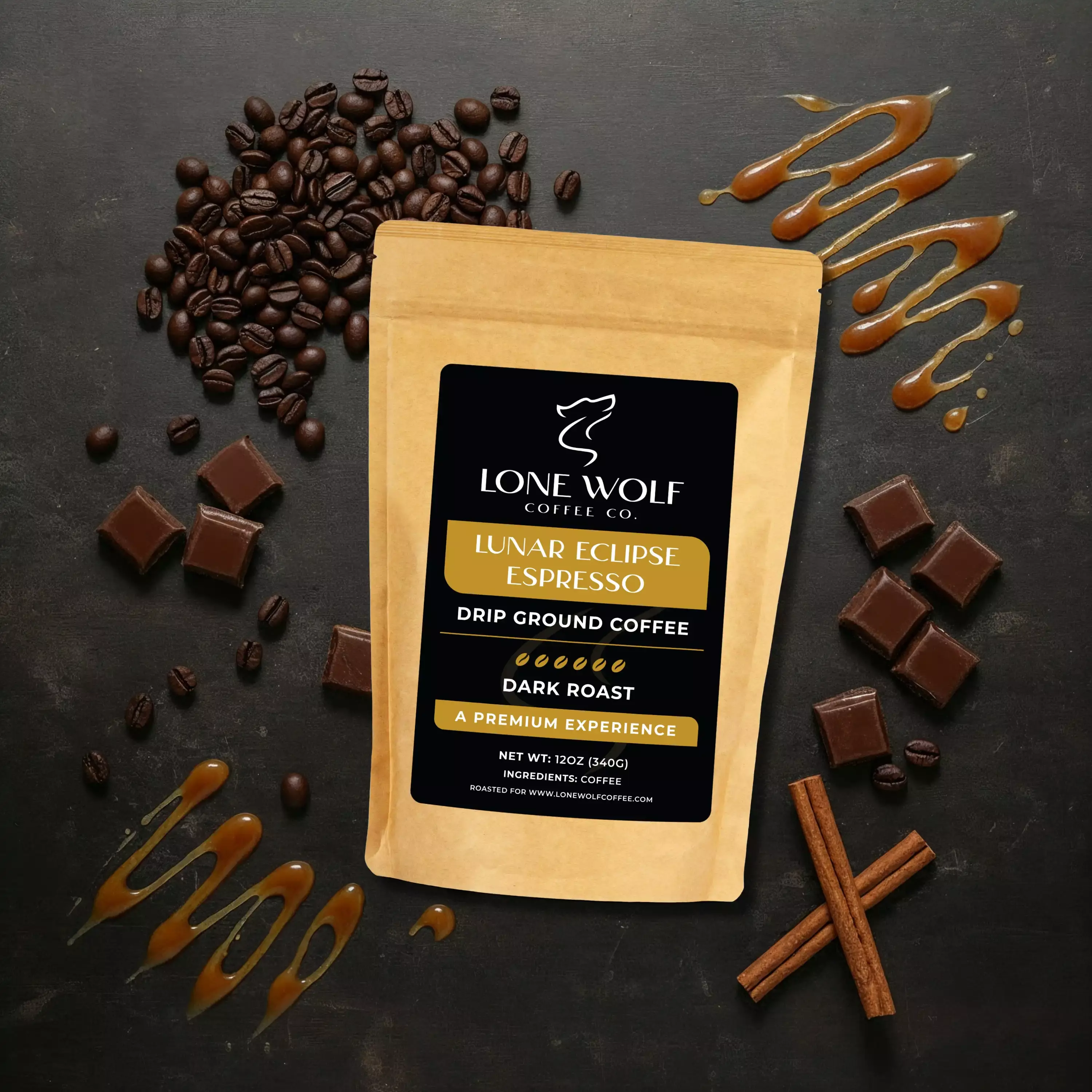 Lunar Eclipse Espresso drip ground flavor profile image showing Lone Wolf Coffee with deep cacao, warm spice, and caramelized sweetness.