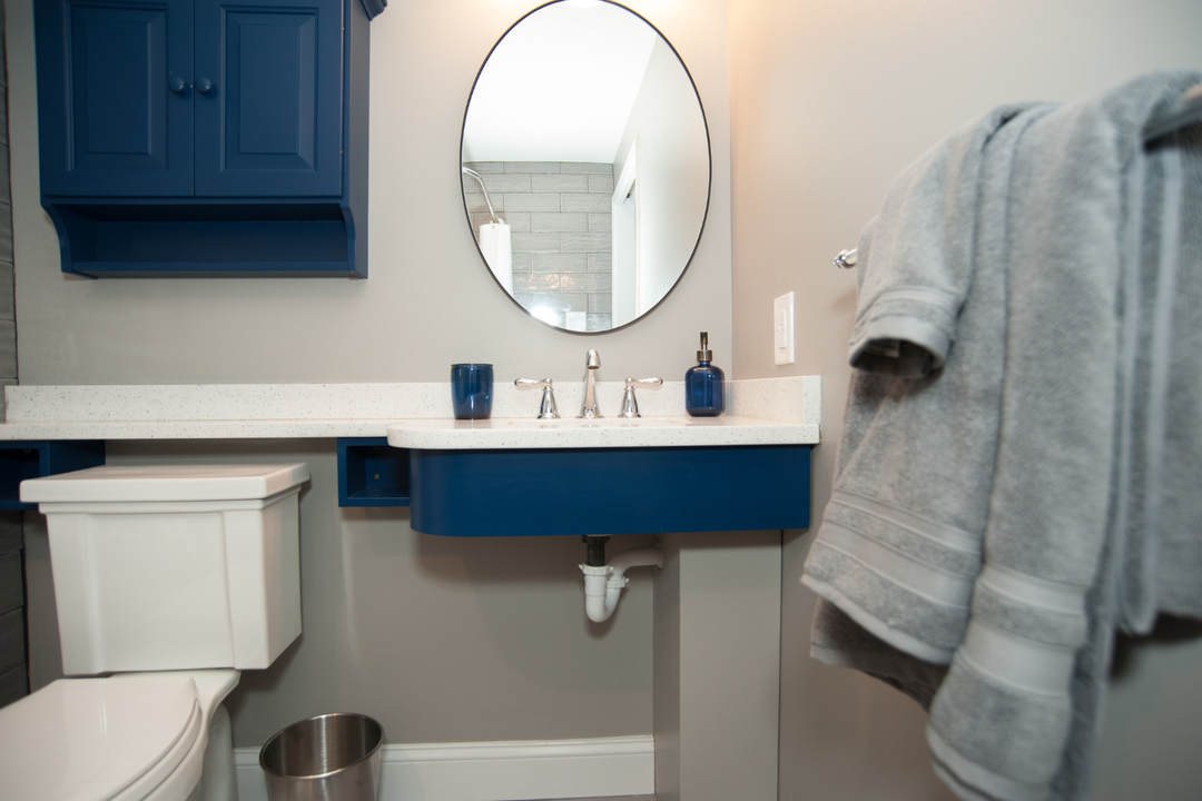Blue and White Accessible Bathroom