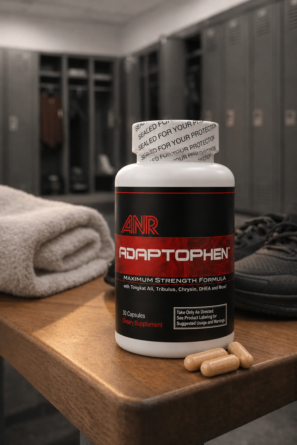 A muscular middle-aged man who uses Adaptophen to boost free testosterone levels