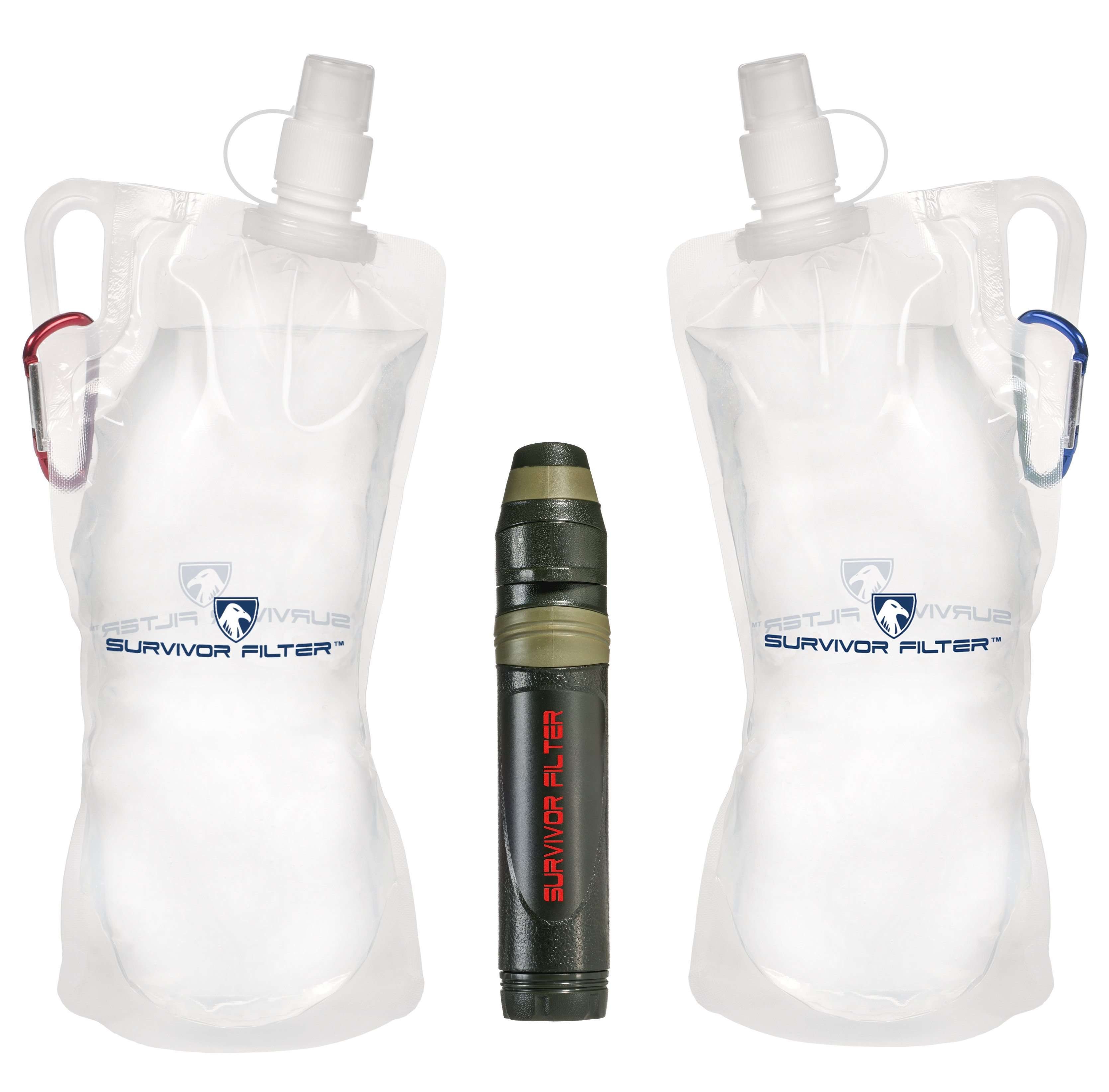 Survivor Filter Clear Collapsible Water Bottle Canteens - Travel Water Bottle - Includes Carabiners - Use with Our Straw Filter or as Foldable Water Bottles - BPA Free - White - 2 x 33oz / 1 Liter