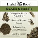 Black Cohosh root and powder with text that says Menopause Support, Period Relief, Supports Nervous System, Relaxation for Overall Wellbeing and Digestive Support