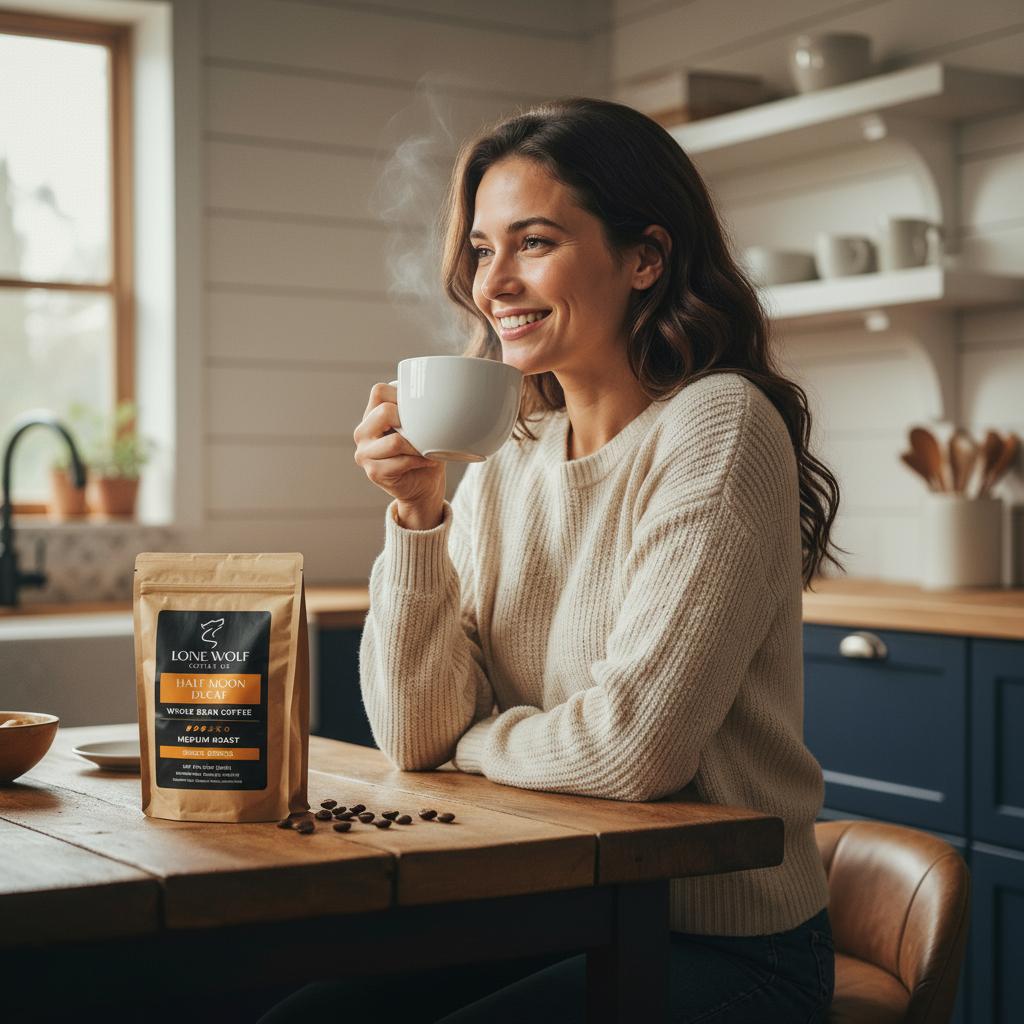 Smiling woman enjoying a hot cup of Half Moon Decaf coffee at a cozy kitchen table, with a Lone Wolf Coffee Co. Half Moon Decaf whole bean bag placed beside her, evoking warmth, freshness, and relaxation.