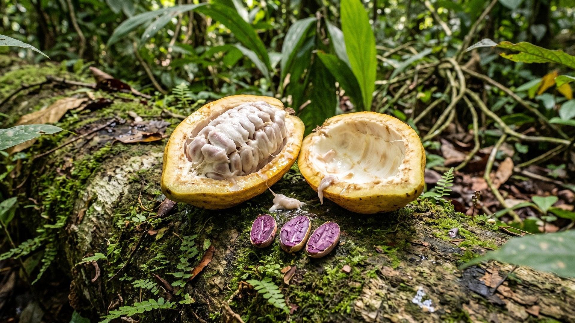 Fresh cacao pod opened in the jungle, with sliced beans showing their natural purple color