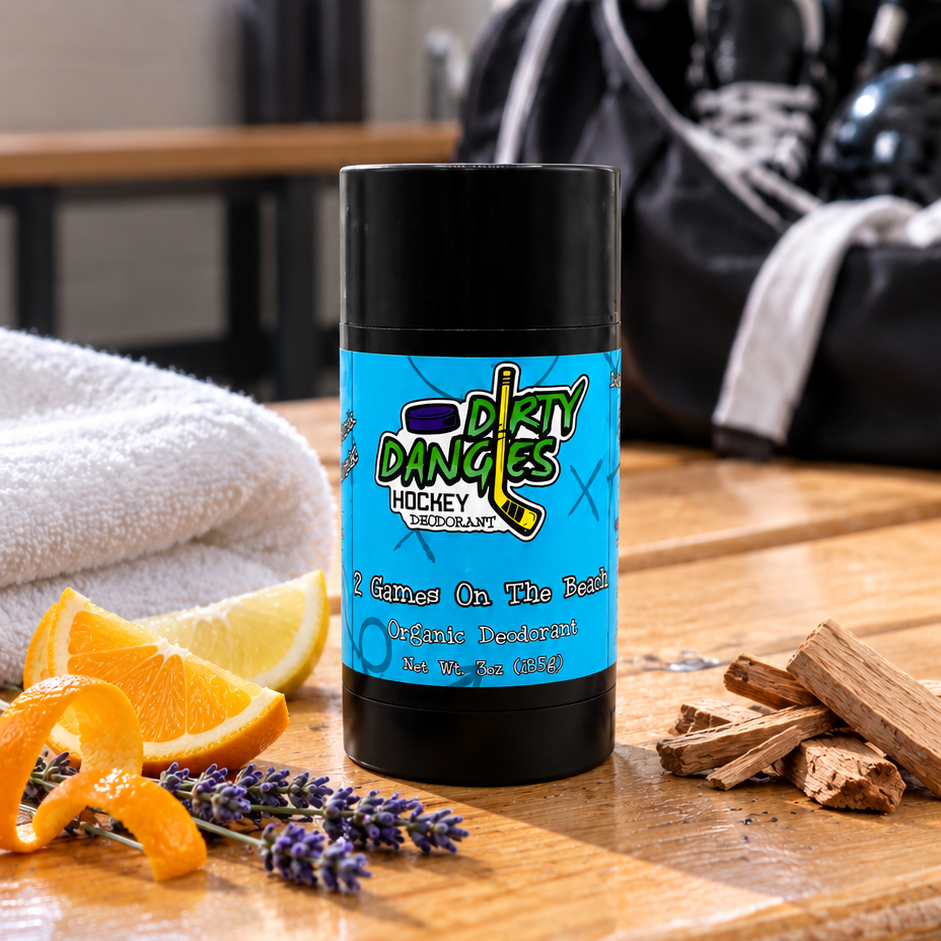 aluminum-free deodorant 2 games on the beach scent on a bench in a hockey locker room with citrus, lavender and sandalwood.