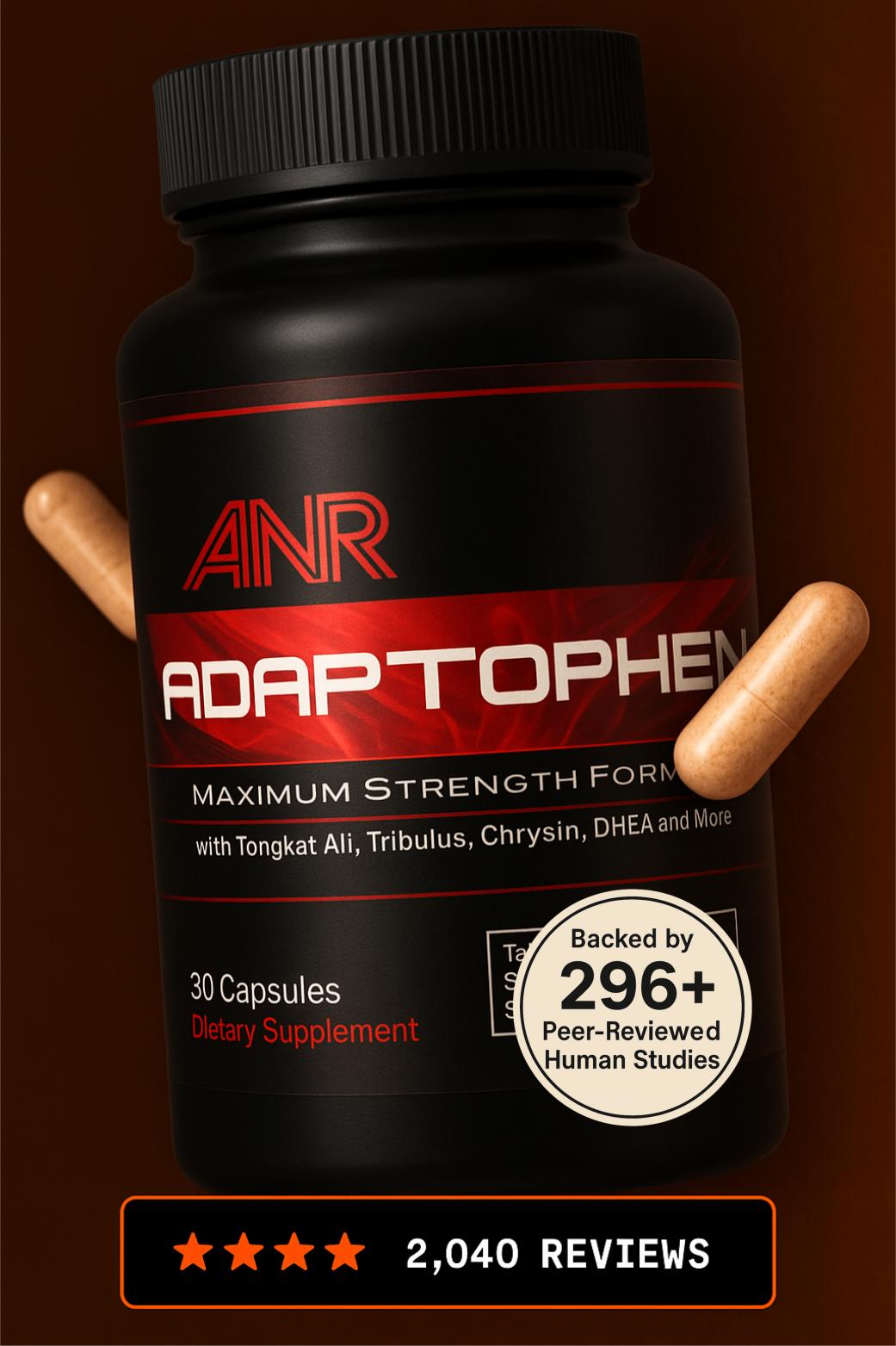 Adaptophen bottle and capsules containing tongkat ali, tribulus, 5-methyl-7-methoxy-isoflavone and ZMA