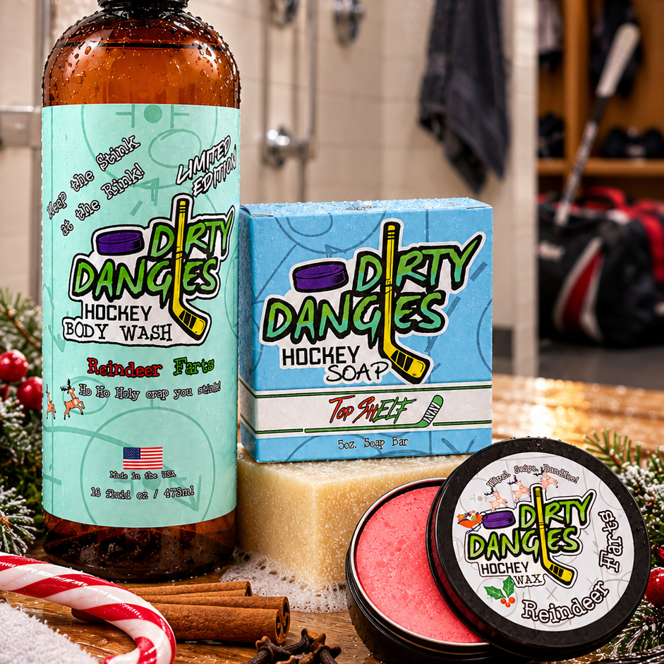 Dirty dangles reindeer farts Christmas stick wax and body wash with top shelf Christmas hockey soap in a hockey locker room with festive Christmas decor.