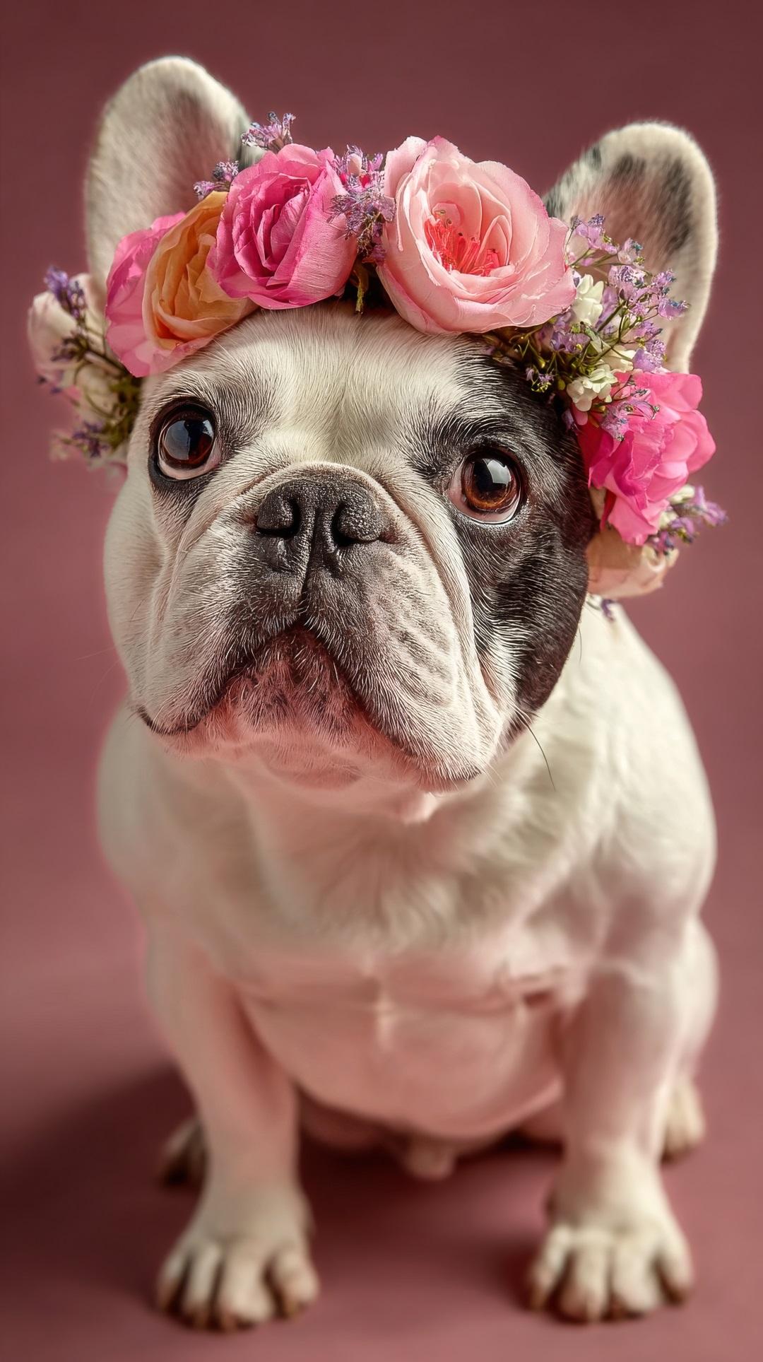 A charming dog with a unique coat and expressive eyes sits gracefully, adorned with a beautiful flower crown, creating a delightful and heartwarming atmosphere.