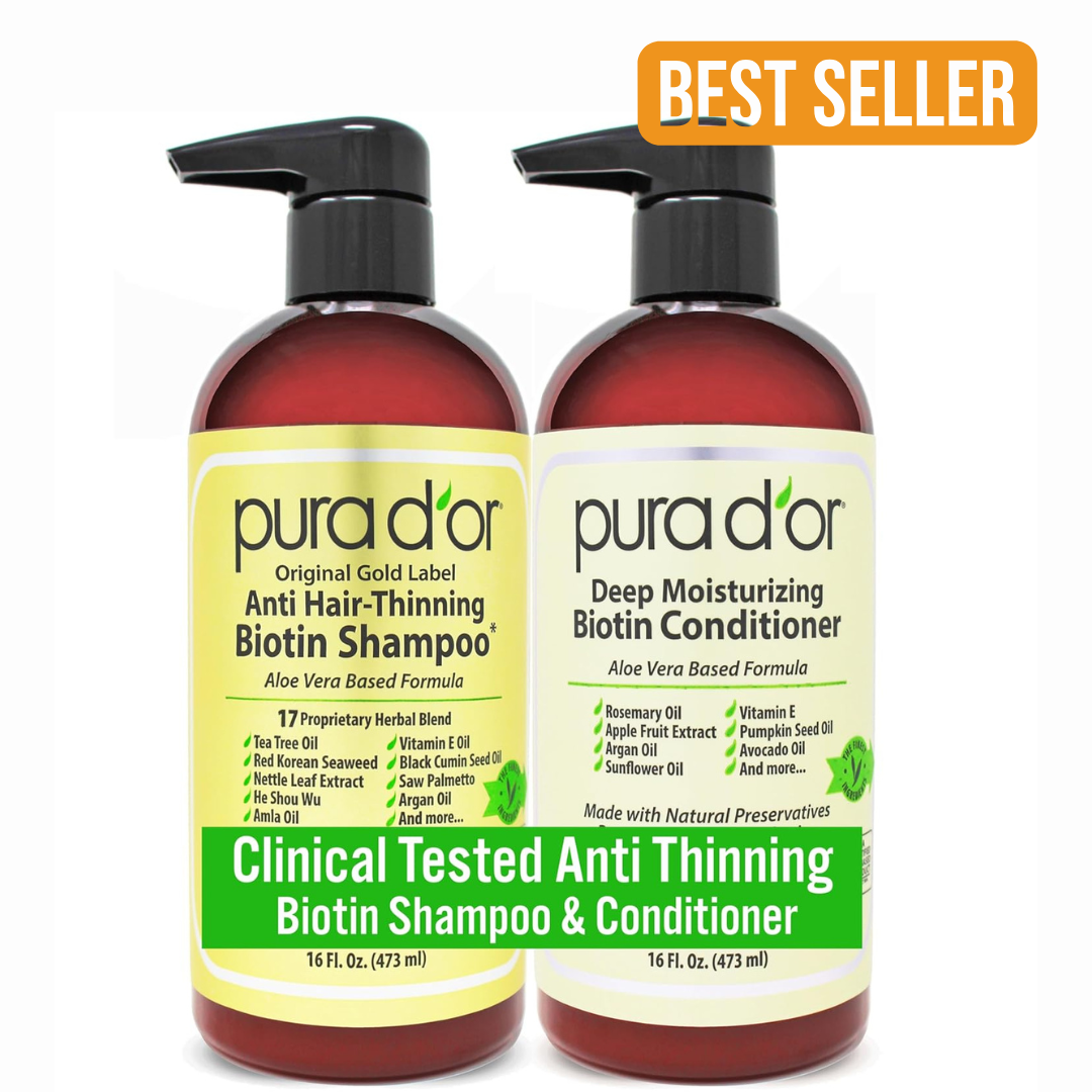 PURA D'OR Anti-Thinning Biotin Shampoo & Deep Moisturizing Conditioner Original Gold Label Set (16oz x2) Natural Earthy Scent, CLINICALLY TESTED Effective Results, DHT Blocker Thickening, Women & Men 16 oz