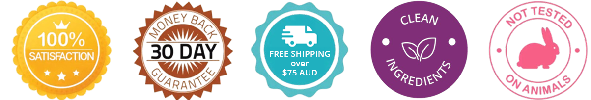Badges of 100% Satisfaction, 30-day Money back guarantee, clean ingredients, and not tested on animals