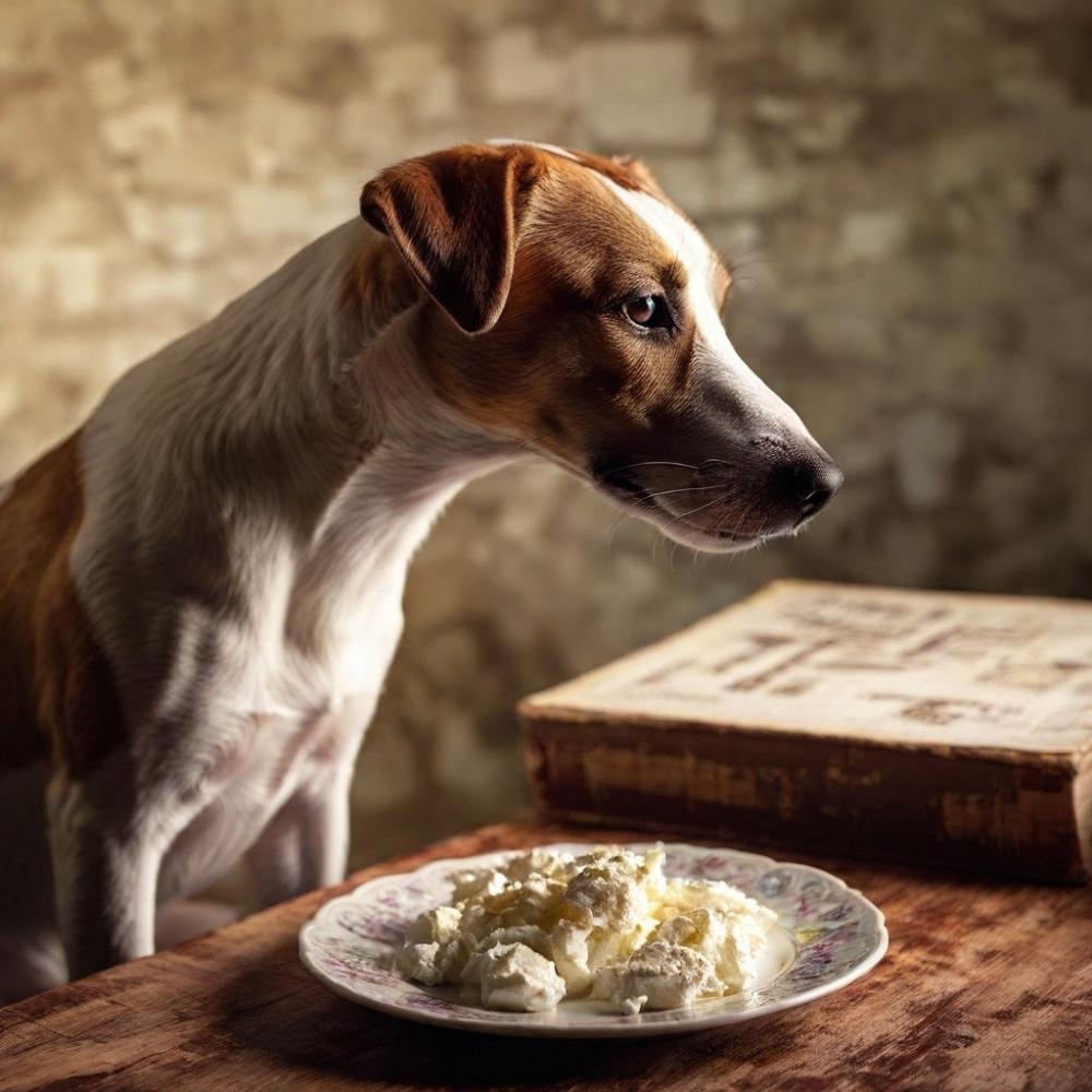 A dog with cottage cheese on the table. The dog is sniffing the cottage cheese.
