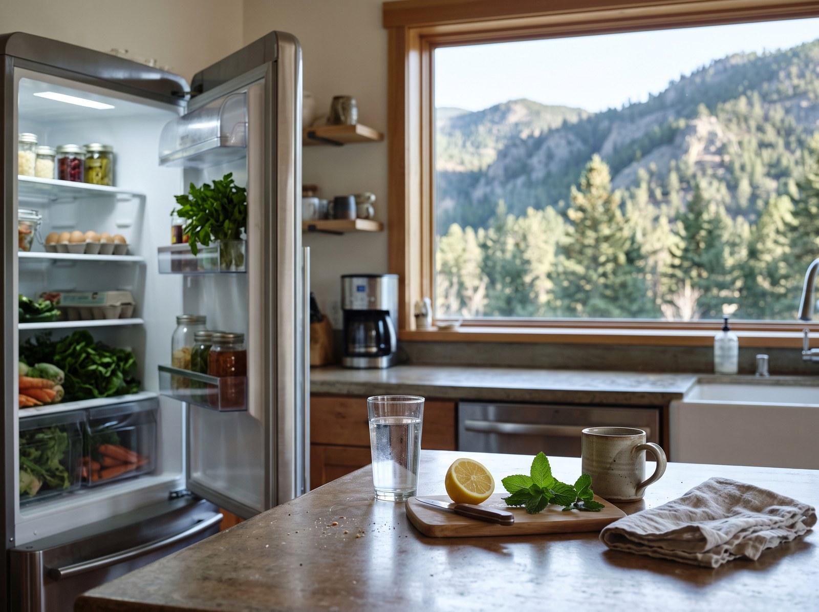 Open fridge in a sunny mountain kitchen, with a glass of water, lemon and mint on the counter