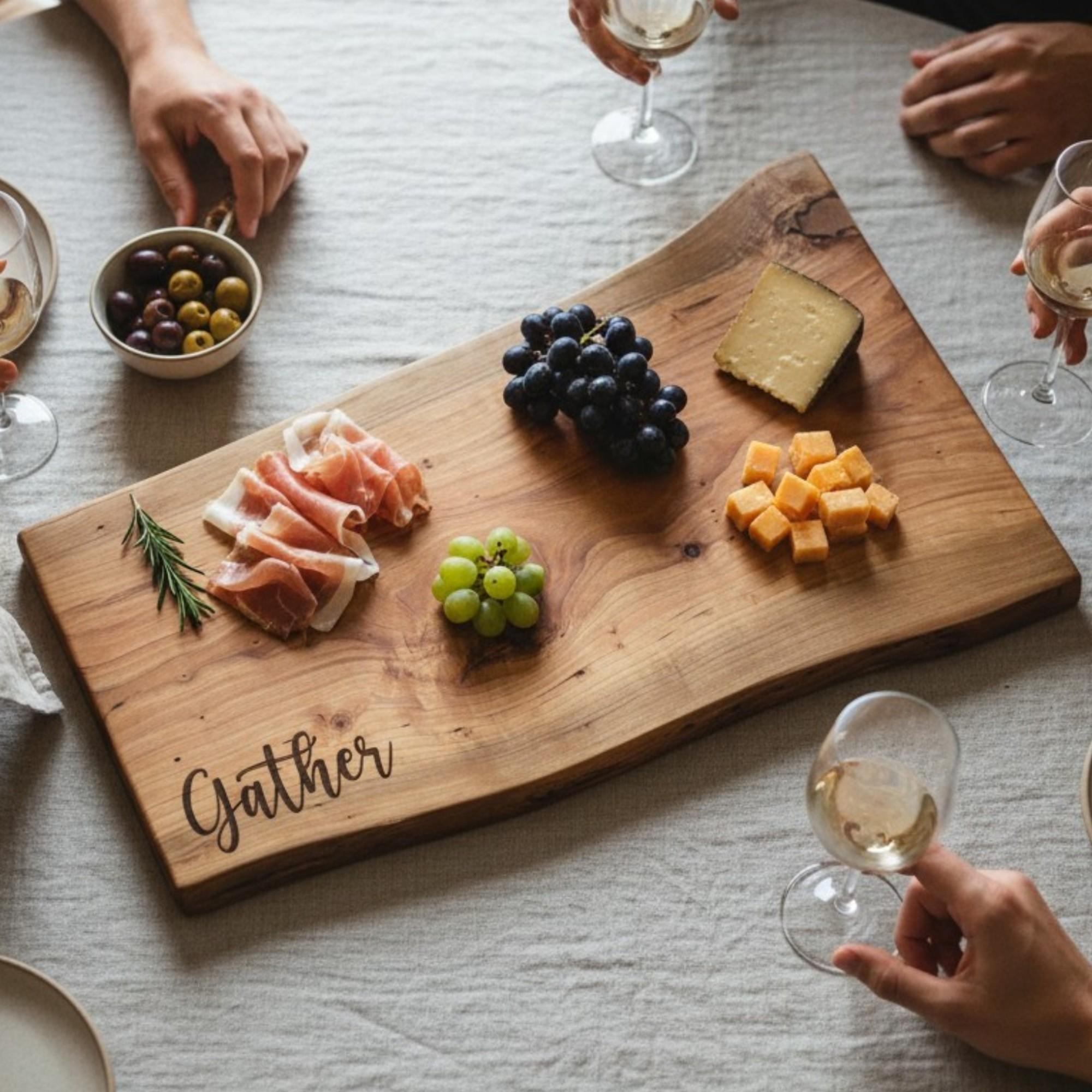 Personalized live edge cherry charcuterie board with custom engraving