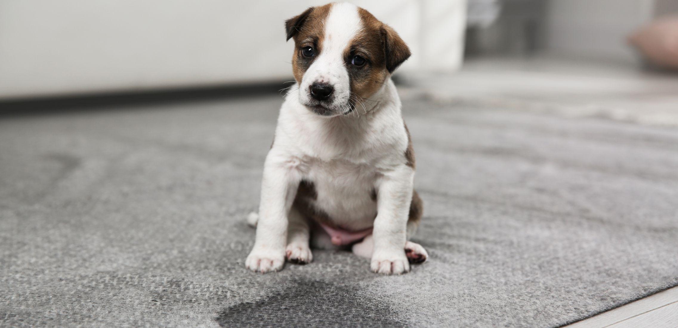 Adorable puppy near wet spot on carpet indoors