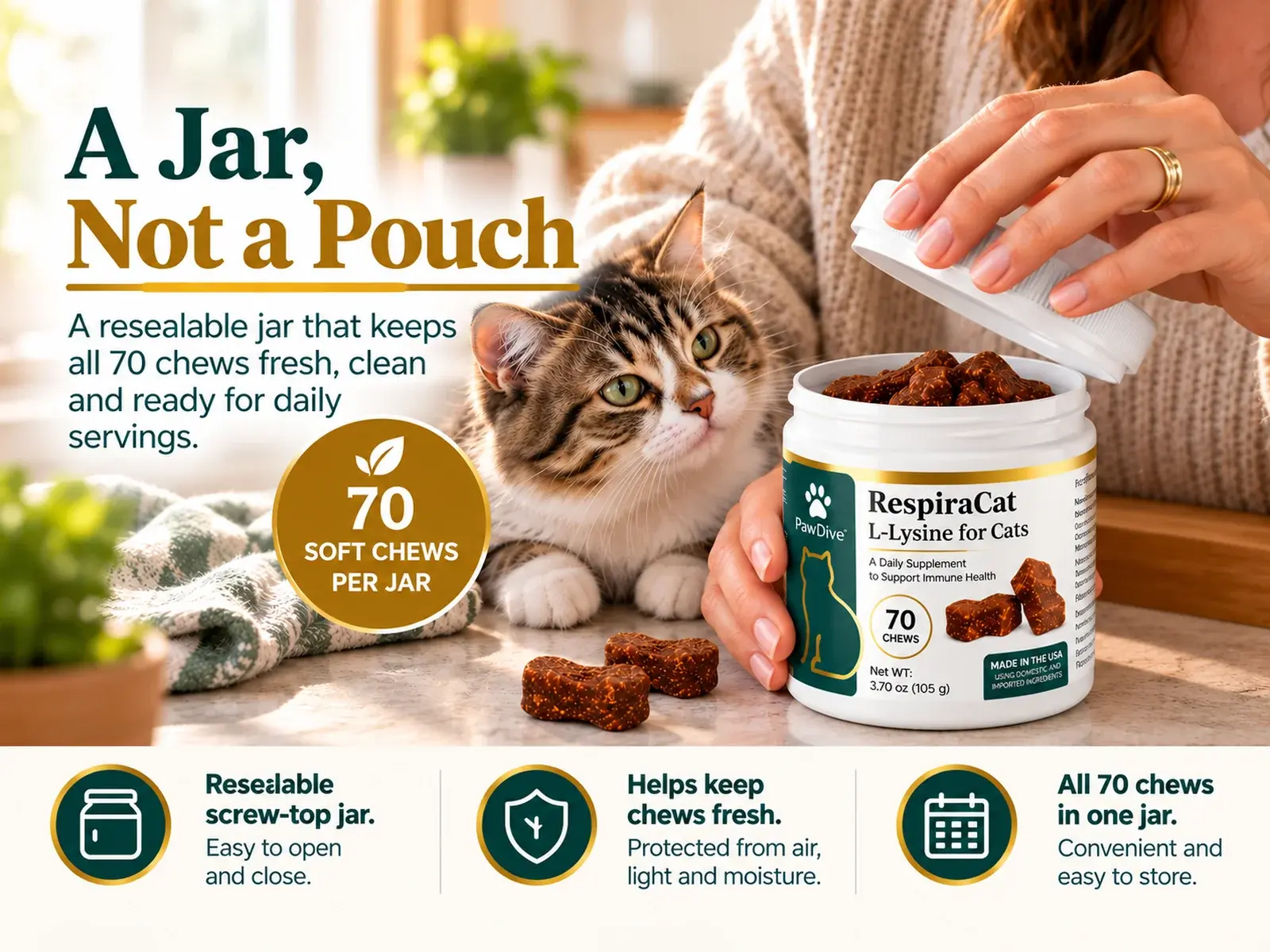 RespiraCat resealable jar of soft chews