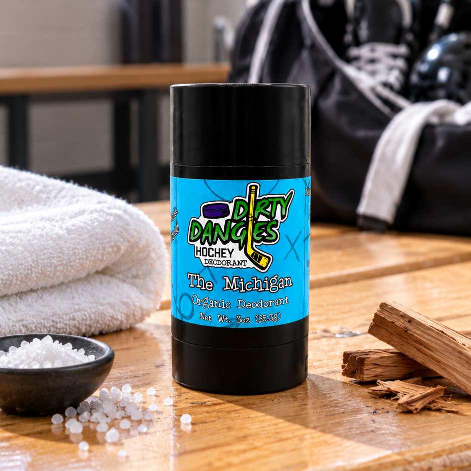 aluminum-free deodorant The Michigan scent on a bench in a hockey locker room with sea salt and sandalwood.