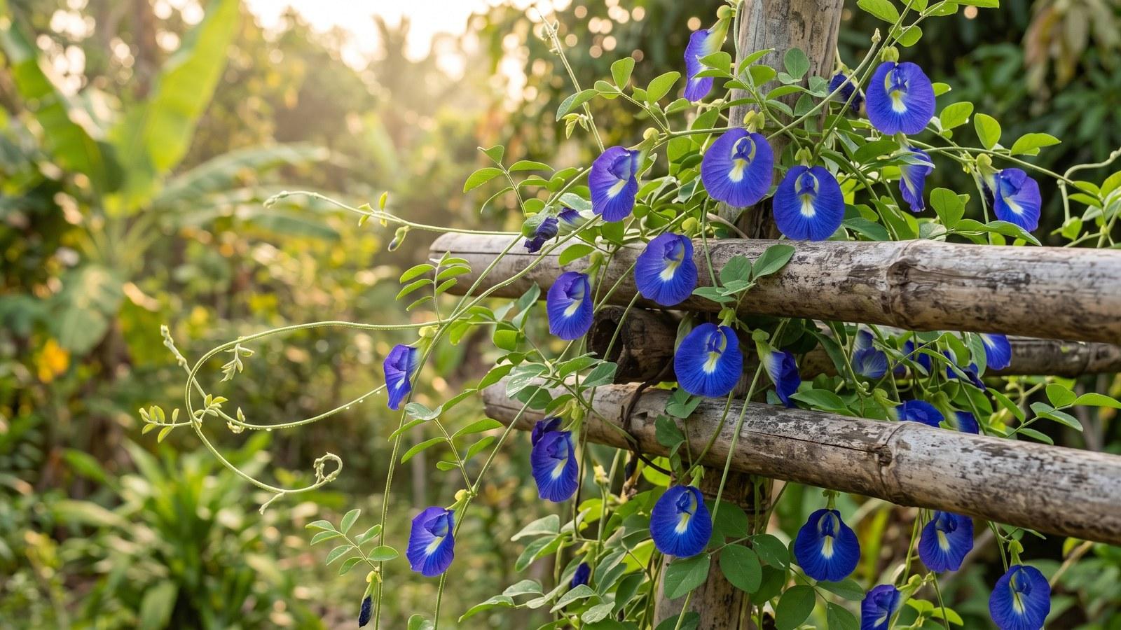 Blue butterfly pea flowers blooming on a green climbing vine