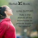 Image of the side profile of a women with chest up and head up as if she is taking in a deep breath. Text on image says Herbal roots. Lung Support. Aids in the dilation of the bronchioles to provide support for coughs.