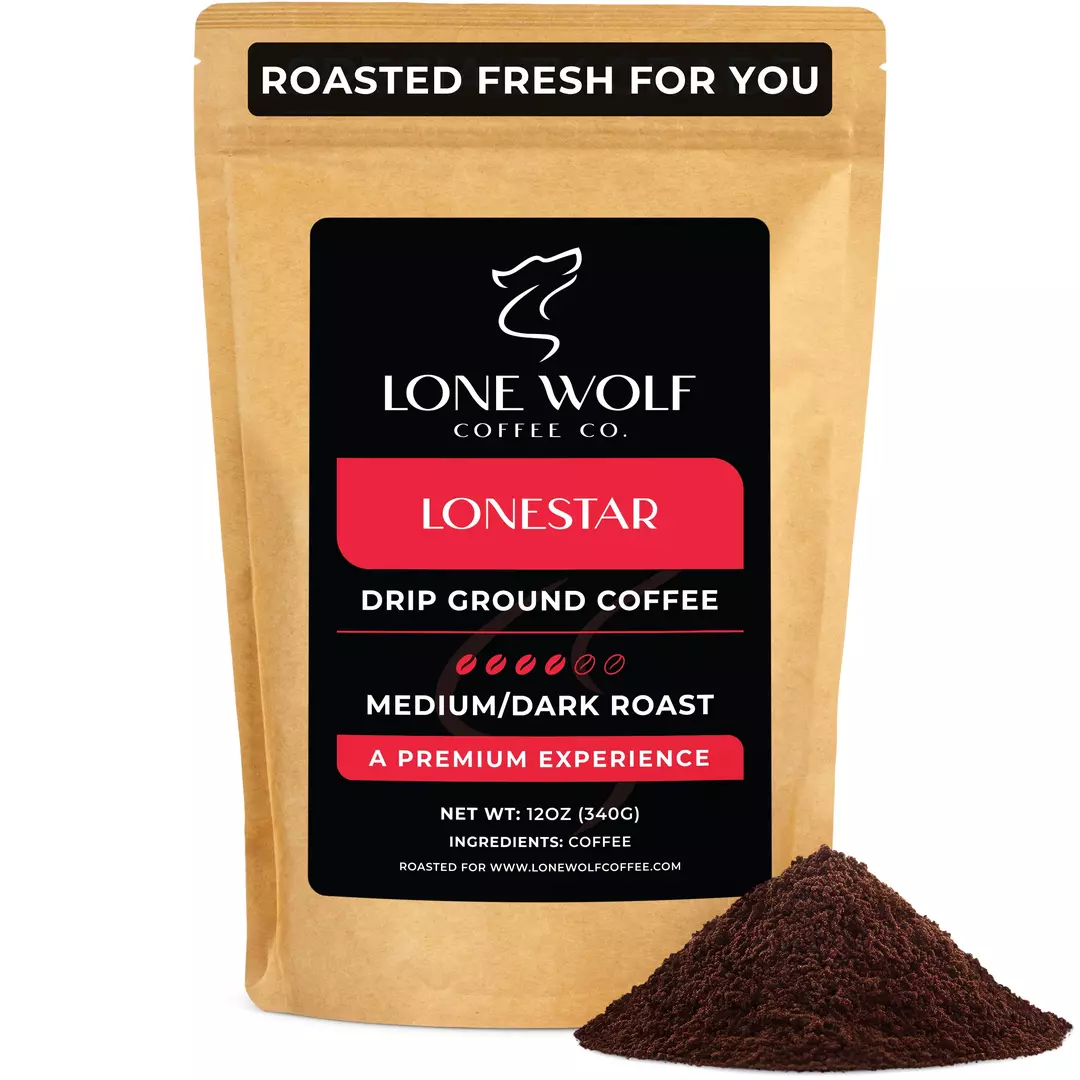 One 12oz bag of Lone Wolf Coffee’s Lonestar Medium-Dark Roast Drip Ground coffee bag product photo