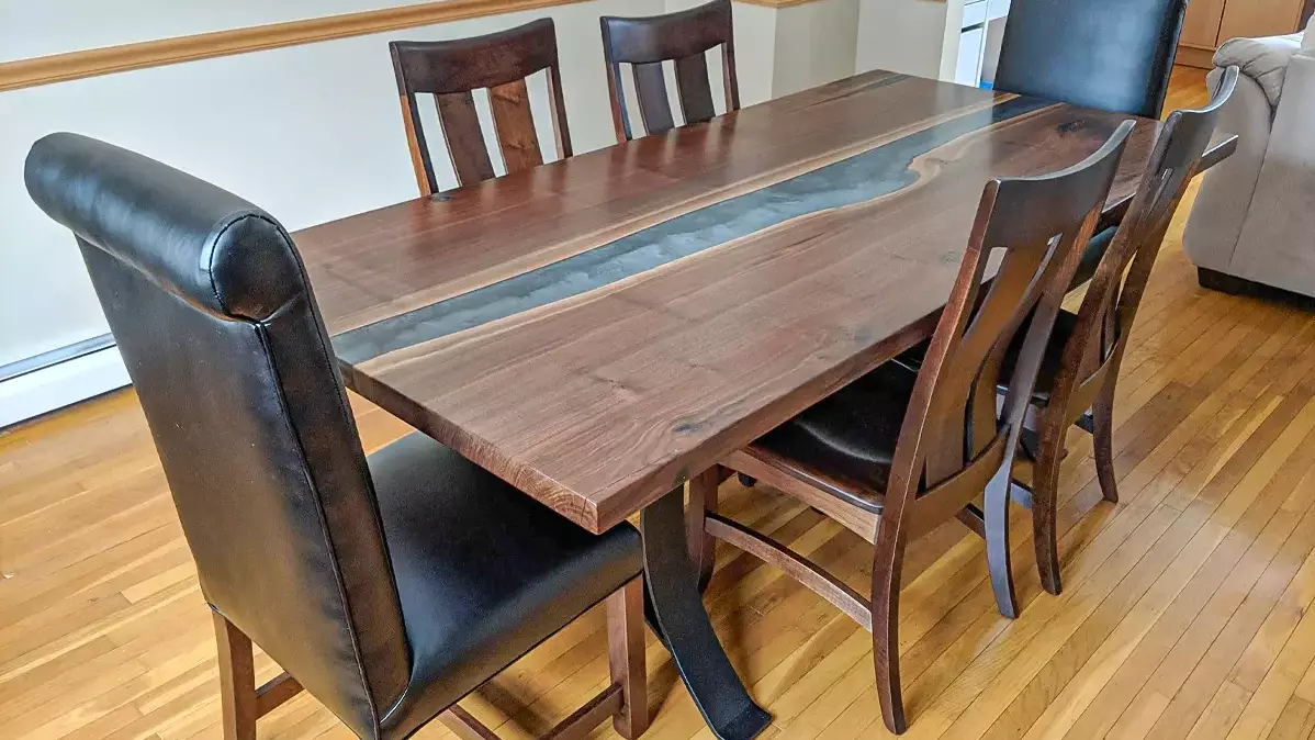 walnut river table, gray epoxy