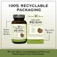 Box & bottle of Herbal Roots Organic Reishi Mushroom. Above picture it says "100% Recycled packaging." At bottom it says "We care about our packaging and how our brand impacts the environment." There's a line coming from the bottle to the left that says "Amber glass bottles" and a line coming from the box to the right that says "Recycled boxes."