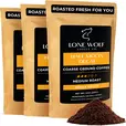 Three 12oz bags of Lone Wolf Coffee’s Half Moon Decaf Medium Roast Coarse Ground coffee bag product photo