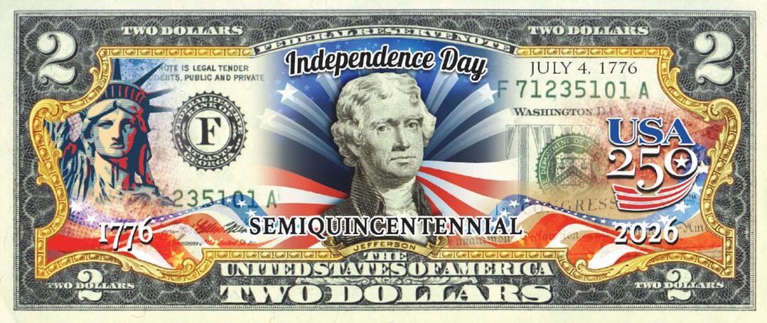 America's 250th Anniversary collectible $2 bill featuring Independence Day design, showing front and back details.
