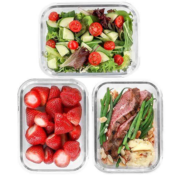 1 Compartment Glass Meal Prep Containers with BLUE Lids (3 Pack, 35 oz)