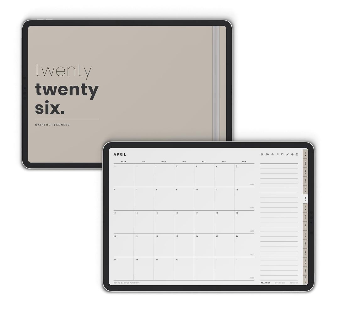 Neutral landscape digital planner 2026 shown on iPad with monthly planning layout