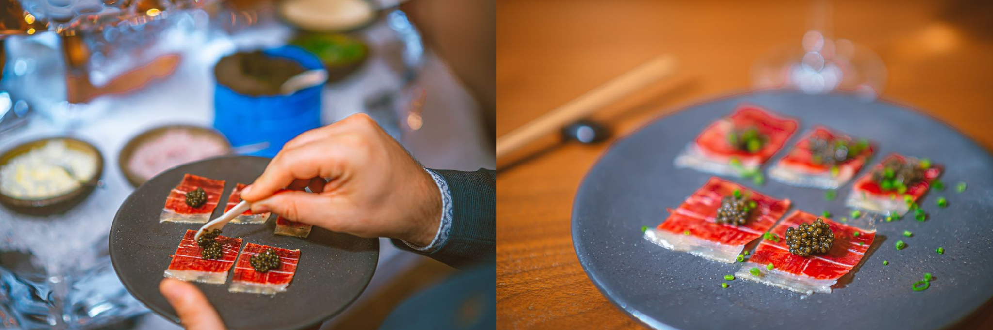 Putting caviar on top of a dish using pearl spoon